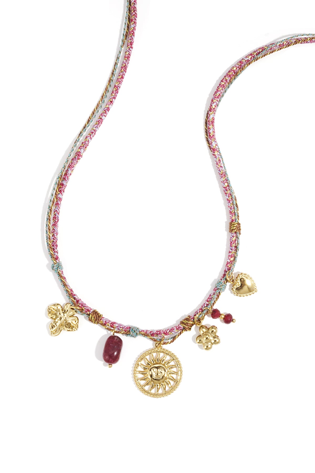 Woven multicolored cord necklace with gold-tone charms including sun, flower, heart, and maroon beads on white background