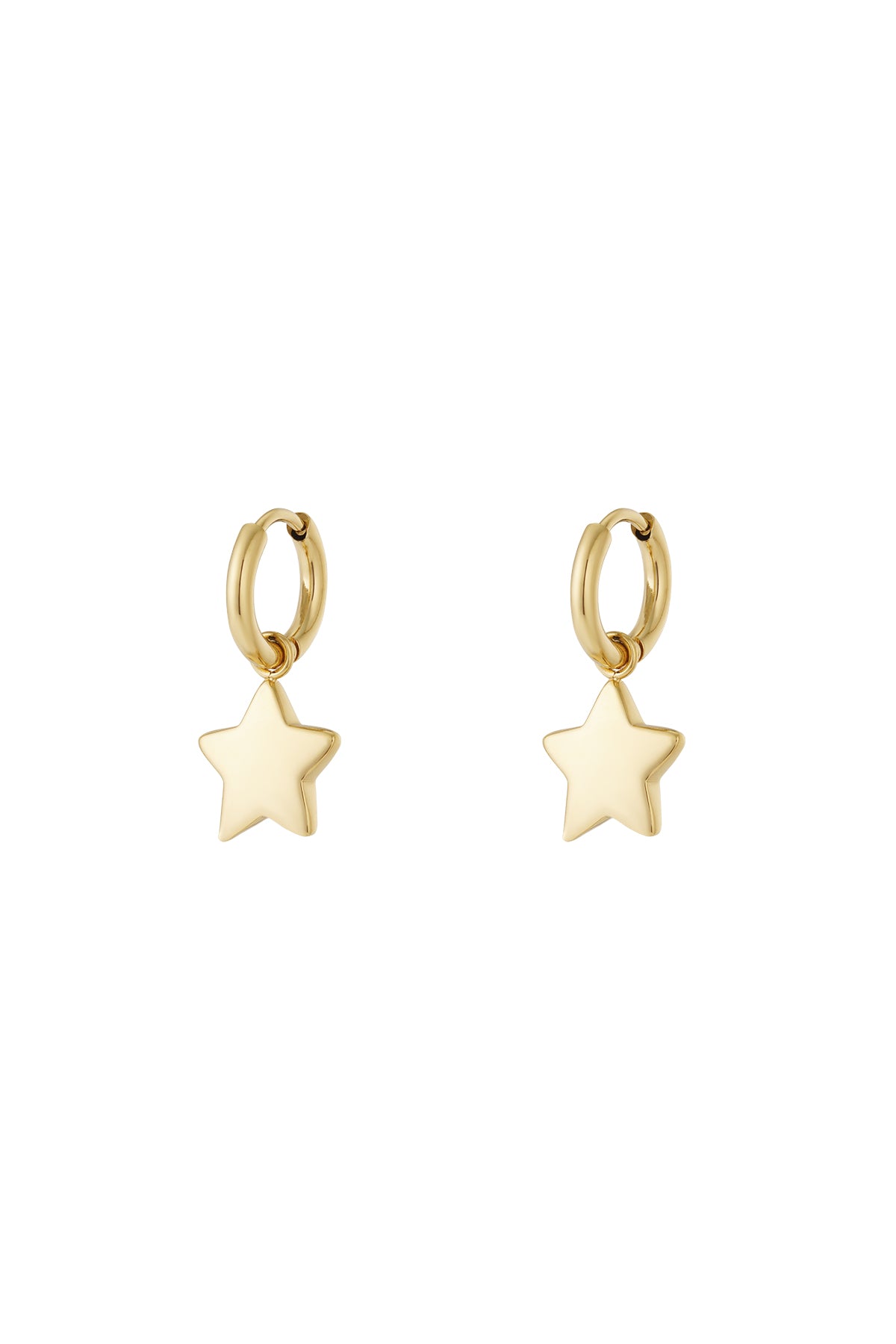 Pair of gold star charm hoop earrings with smooth polished finish