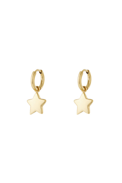 Pair of gold star charm hoop earrings with smooth polished finish