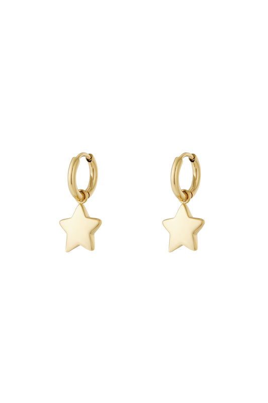 Pair of gold star charm hoop earrings with smooth polished finish