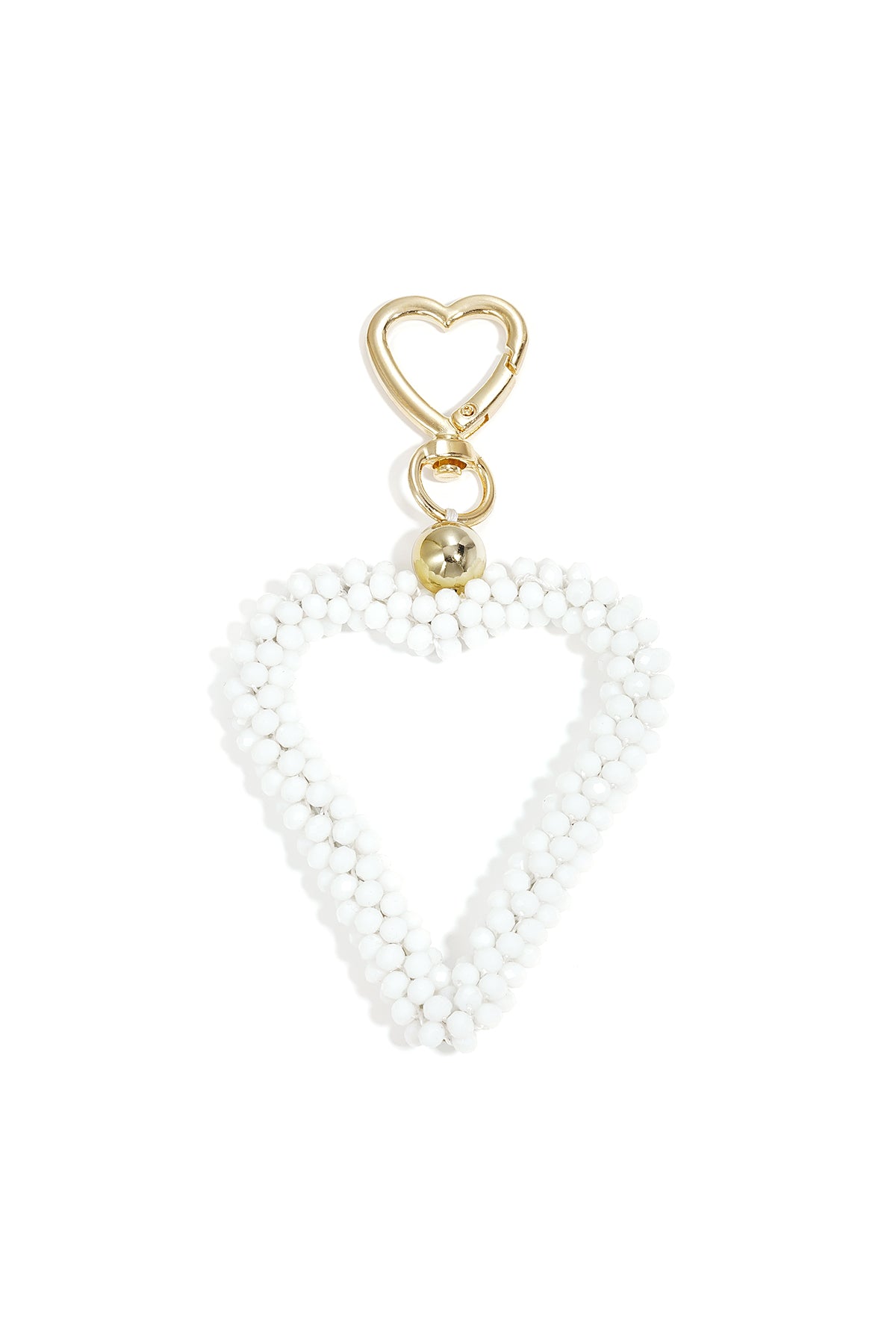 White beaded heart keychain with gold clasp on white background