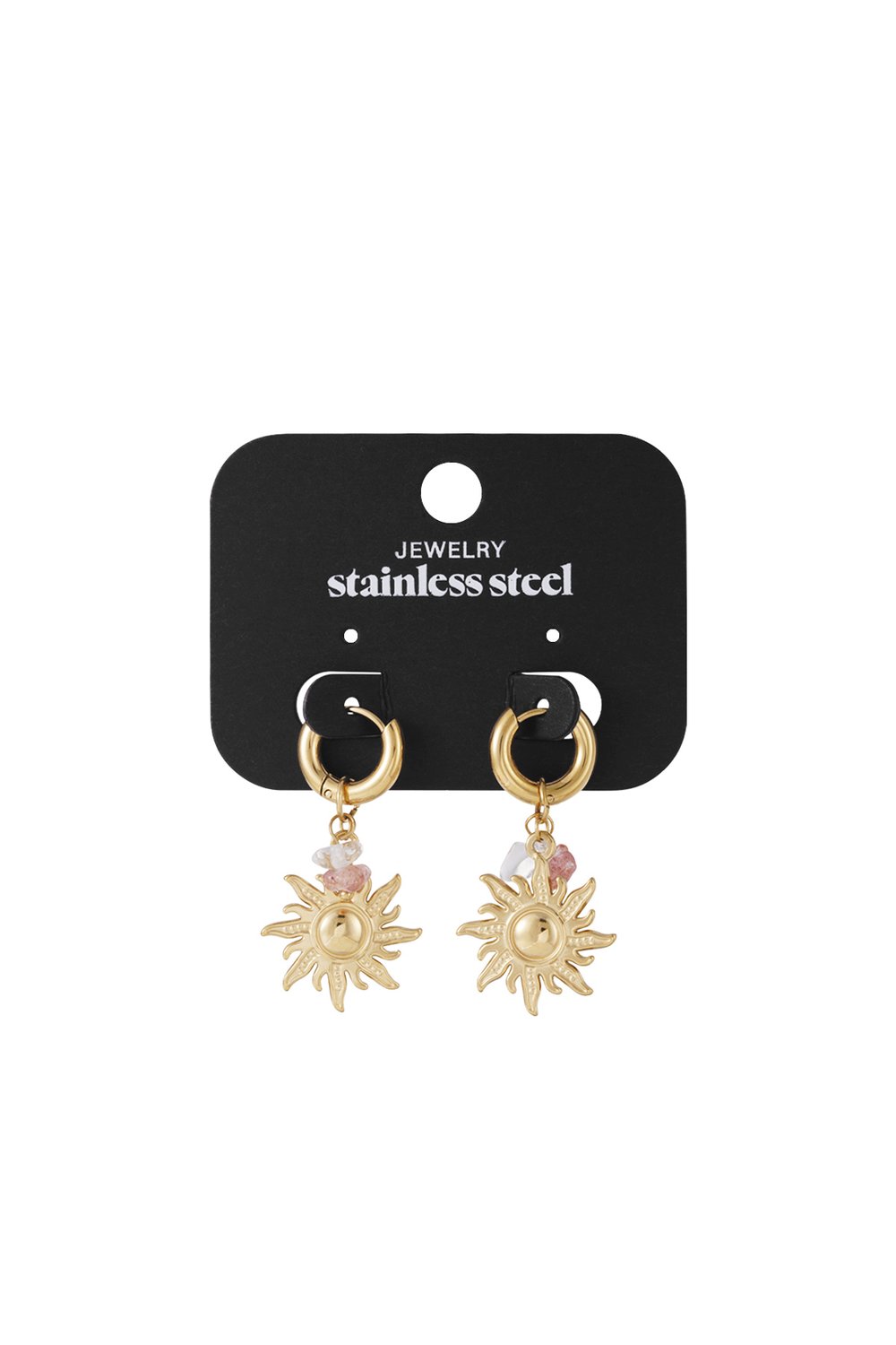 Polished Sun Drops: Gold stainless steel hoop earrings with sun charms and small pink-and-white stone bead accents.