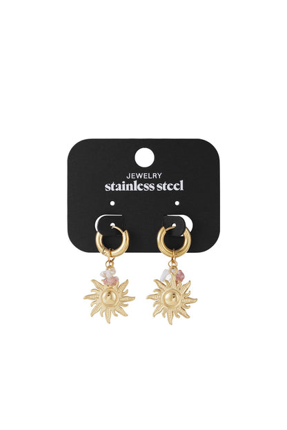 Polished Sun Drops: Gold stainless steel hoop earrings with sun charms and small pink-and-white stone bead accents.