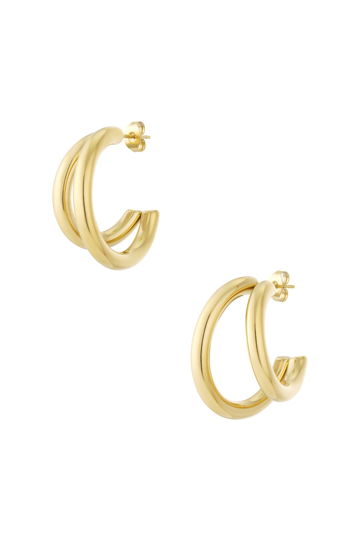 Gold chunky double hoop earrings with smooth polished finish isolated on white background