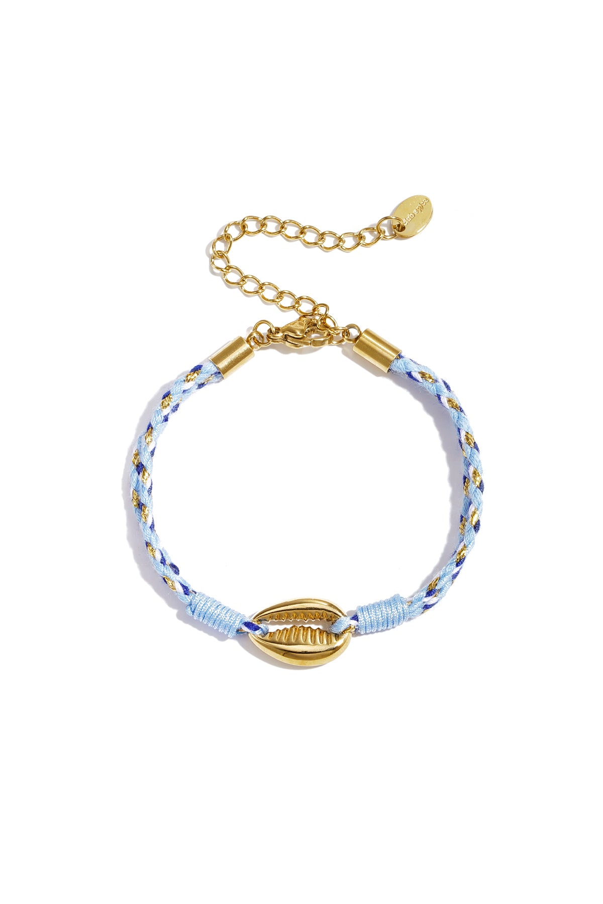 Close-up of braided rope charm bracelet on woman's arm next to gold bead bracelets and other charms seen