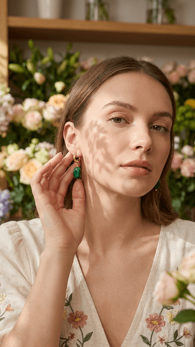A model wears House of Lily's Dreamy Jelly Pebble earrings: gold hoops with vibrant, polished green stone drops.