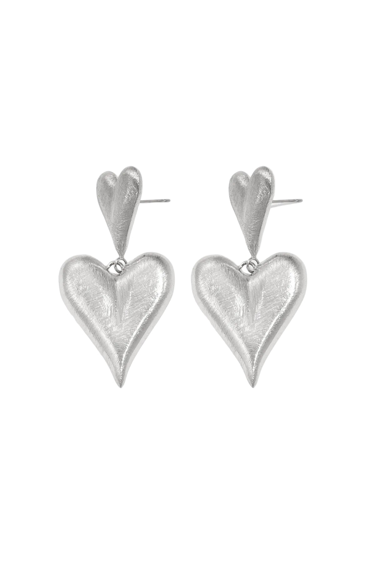 Pair of silver drop earrings with the same two-heart design and textured matte finish