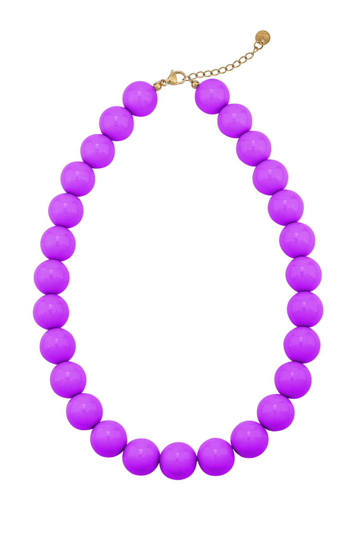 Chunky necklace featuring vibrant purple, glossy spherical beads on a gold-tone chain against a white background.