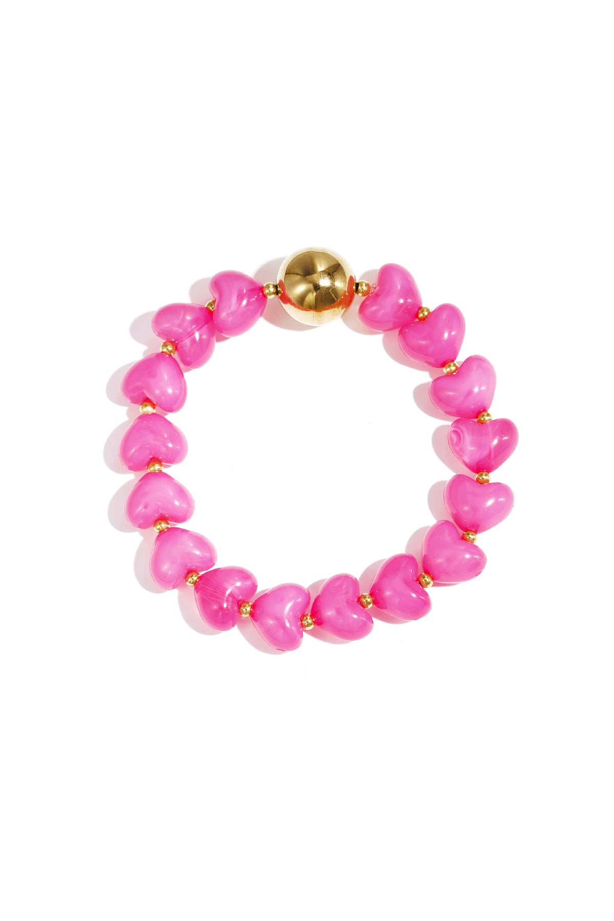 Pink heart-shaped acrylic beaded bracelet with gold bead accent on white background