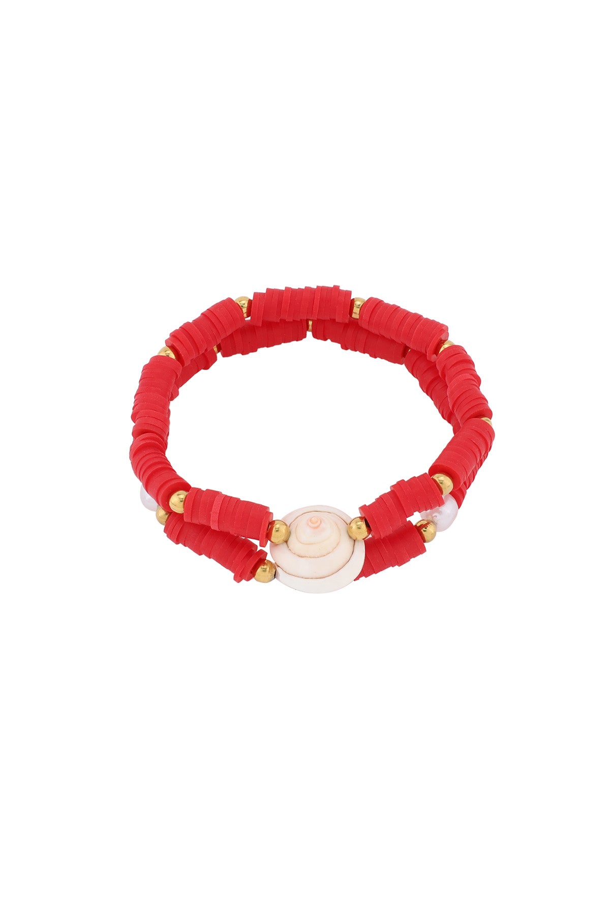 Red shell charm beaded bracelet with gold and polymer clay beads on white background