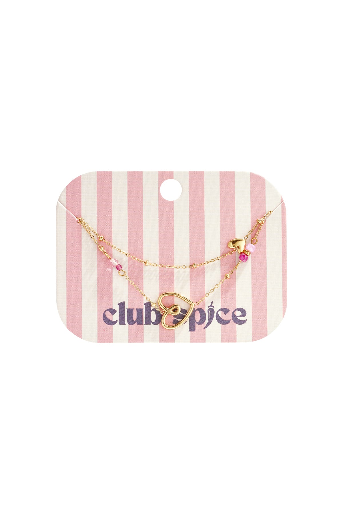 Delicate heart charm bracelet displayed on pink and white striped Club Spice branded packaging card