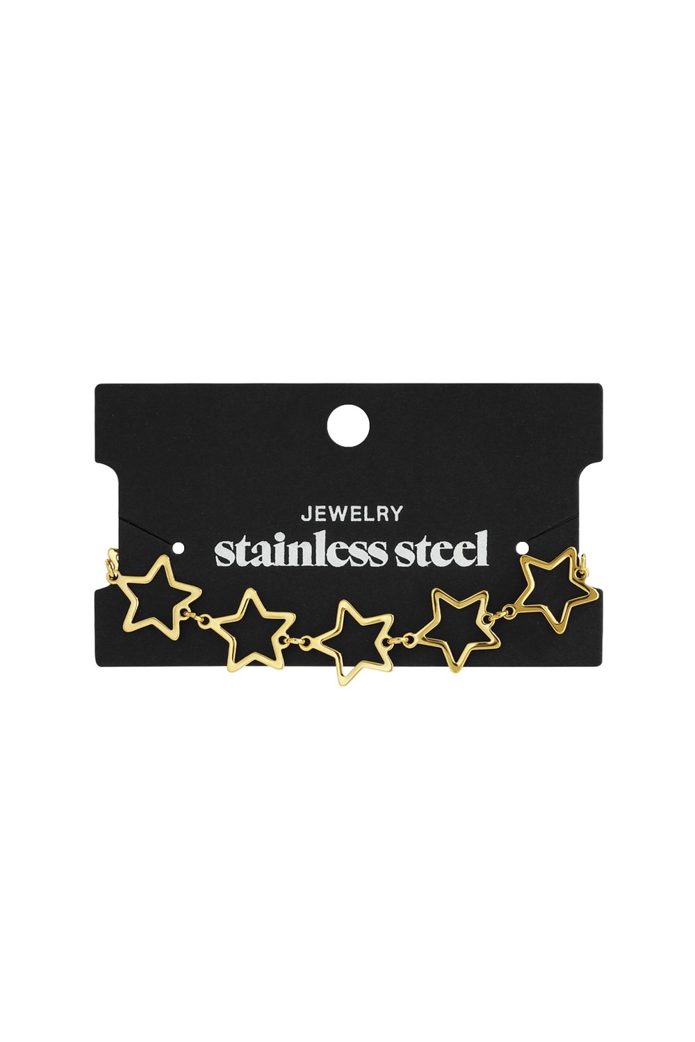 Gold-tone stainless steel chain bracelet featuring five open-work star charms, displayed on a black backing card.