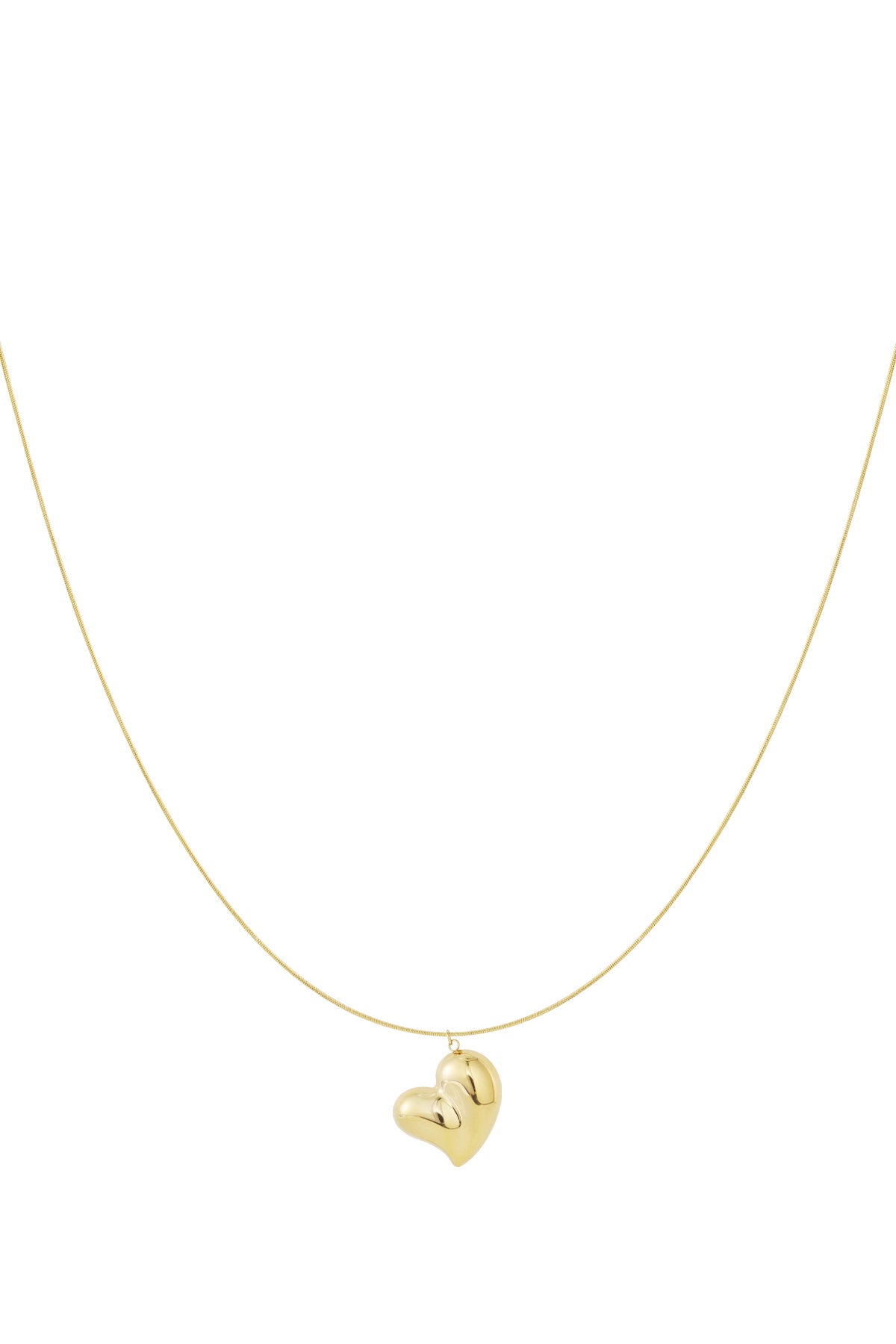 Delicate gold heart pendant necklace with a smooth thin chain against a white background