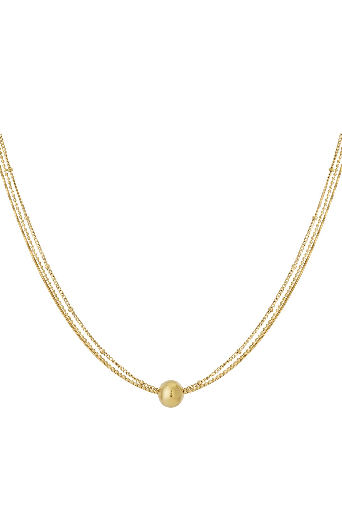 Gold layered necklace with small beads and a smooth round pendant on a white background