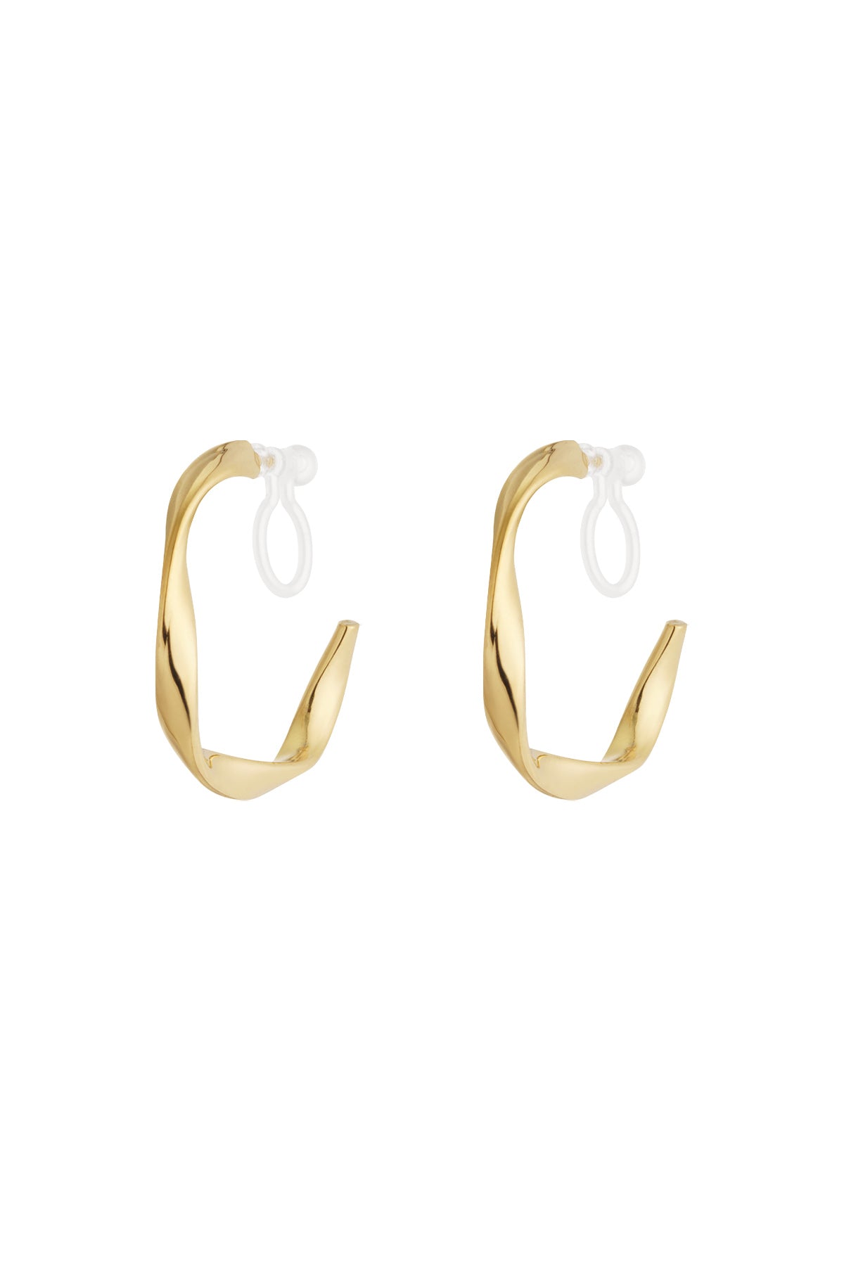 Pair of gold twisted hoop clip earrings with clear silicone backings