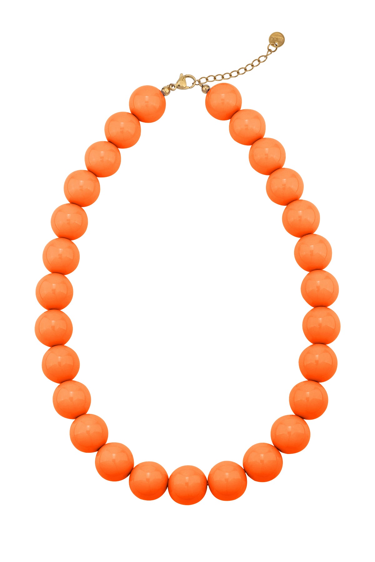 Chunky orange beaded necklace with glossy round beads and a gold-tone metal clasp and extender chain.