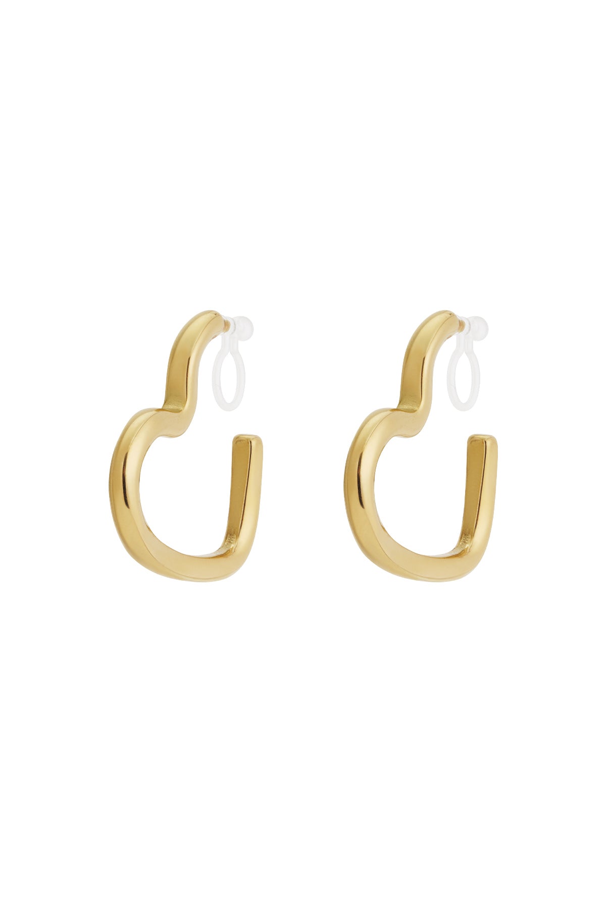 Pair of gold-tone heart-shaped clip-on earrings with smooth, curved design on white background