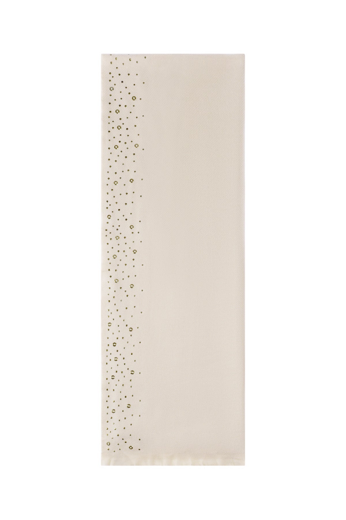Cream winter scarf with gold stud embellishments along one edge flat lay