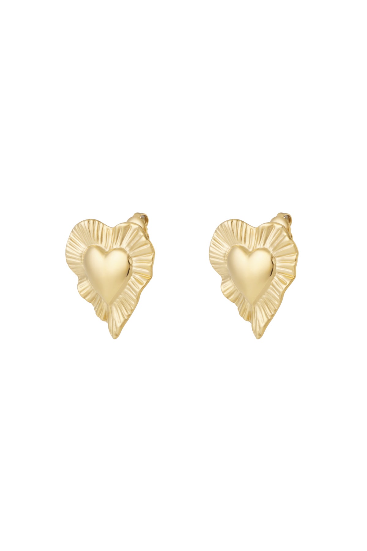 Pair of gold radiant heart stud earrings with ruffled edges displayed on white background
