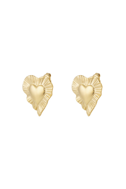 Pair of gold radiant heart stud earrings with ruffled edges displayed on white background