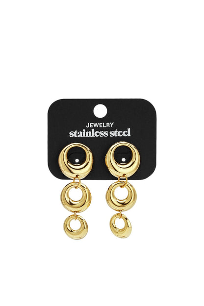 Main Character Hoops: Gold-toned stainless steel drop earrings featuring three graduated, polished circular links.