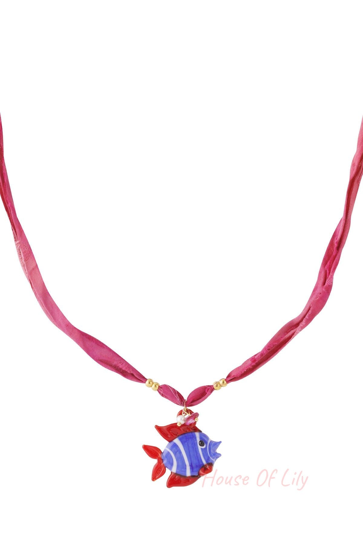 Pink fabric cord necklace with a blue and white striped glass fish pendant with red fins