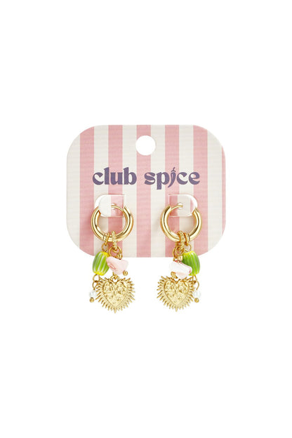 Gold hoop earrings with charms including a textured heart, small white pearl, and green and pink beads on pink stripe card.