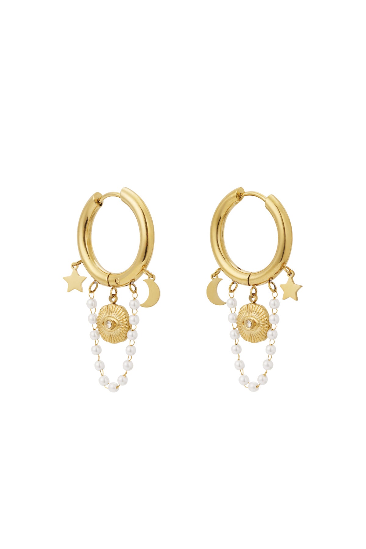 Pair of gold celestial charm hoop earrings with star, moon, sun motifs and pearl chain charms displayed on white background