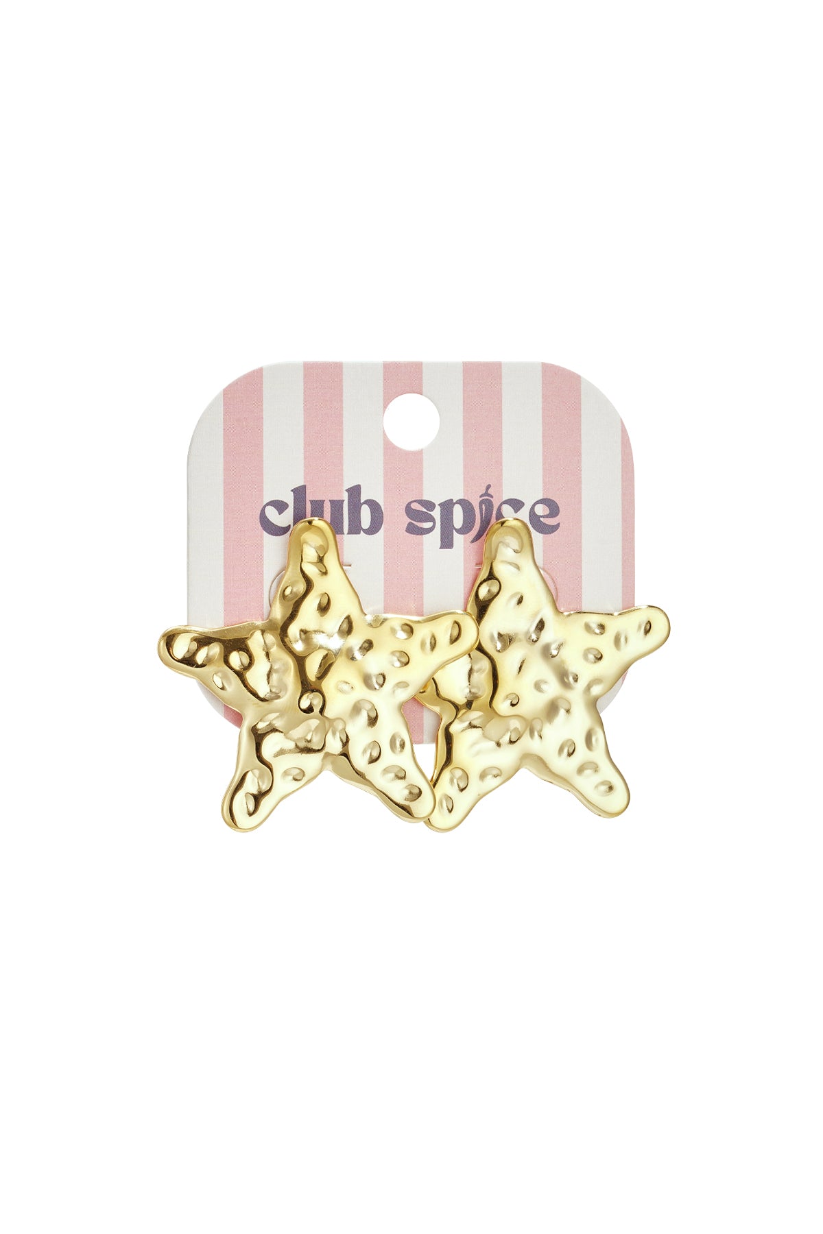 Set of gold textured starfish stud earrings attached to pink and white striped Club Spice branded card