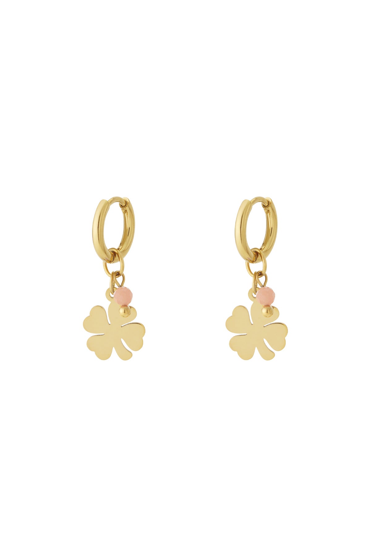 Pair of gold-plated drop earrings featuring four-leaf clover charm with soft pink bead accent on white background