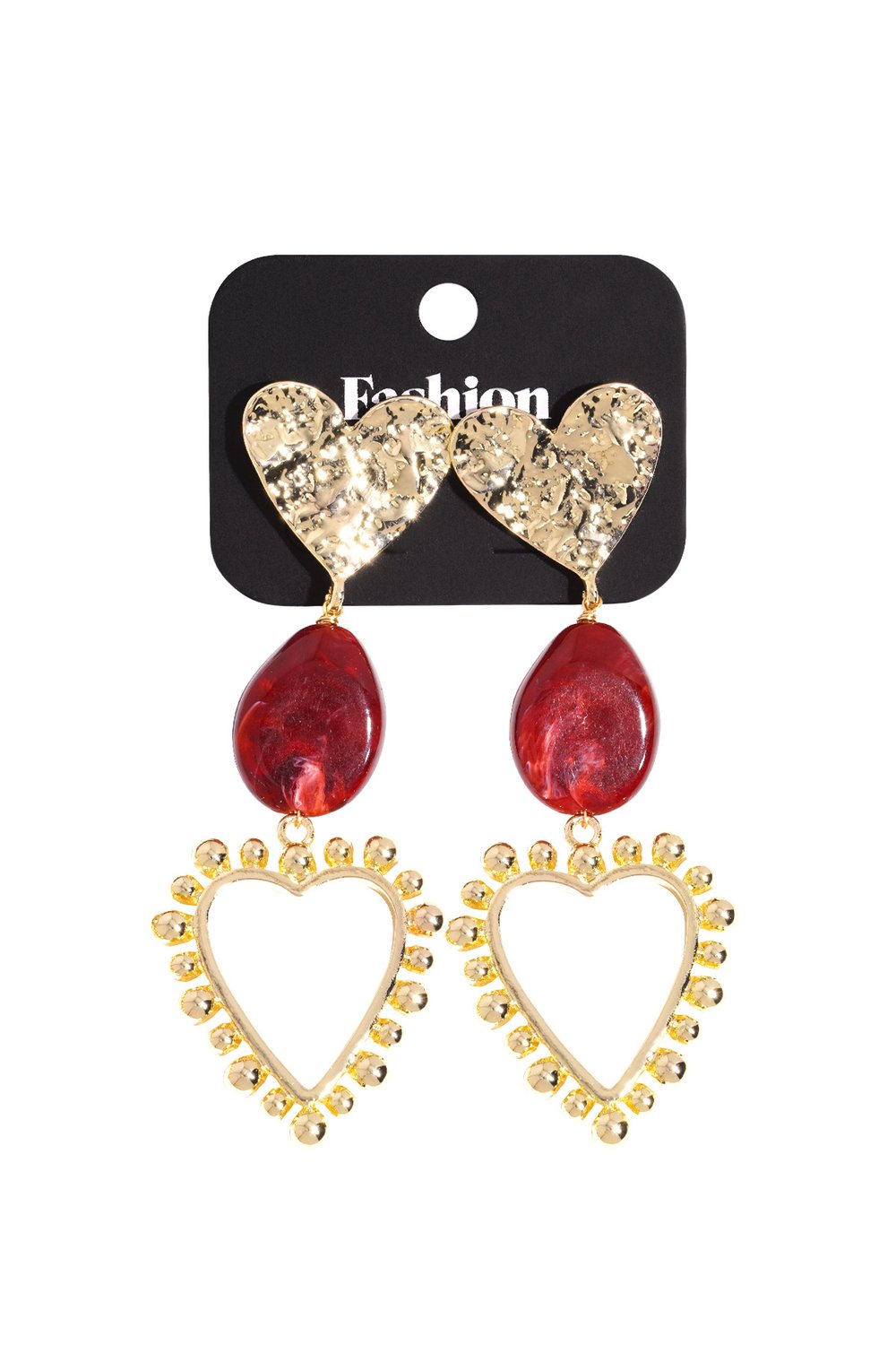 Main Character Heart Drops: Gold-tone hammered heart studs with red resin teardrop accents and open heart dangles.