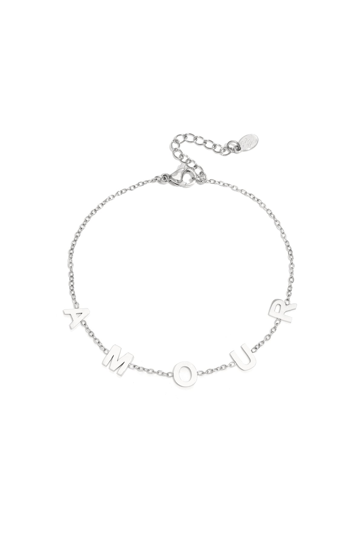 Silver chain bracelet with the letters A M O U R spaced evenly across a delicate link chain and adjustable lobster clasp