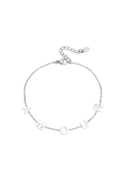 Silver chain bracelet with the letters A M O U R spaced evenly across a delicate link chain and adjustable lobster clasp