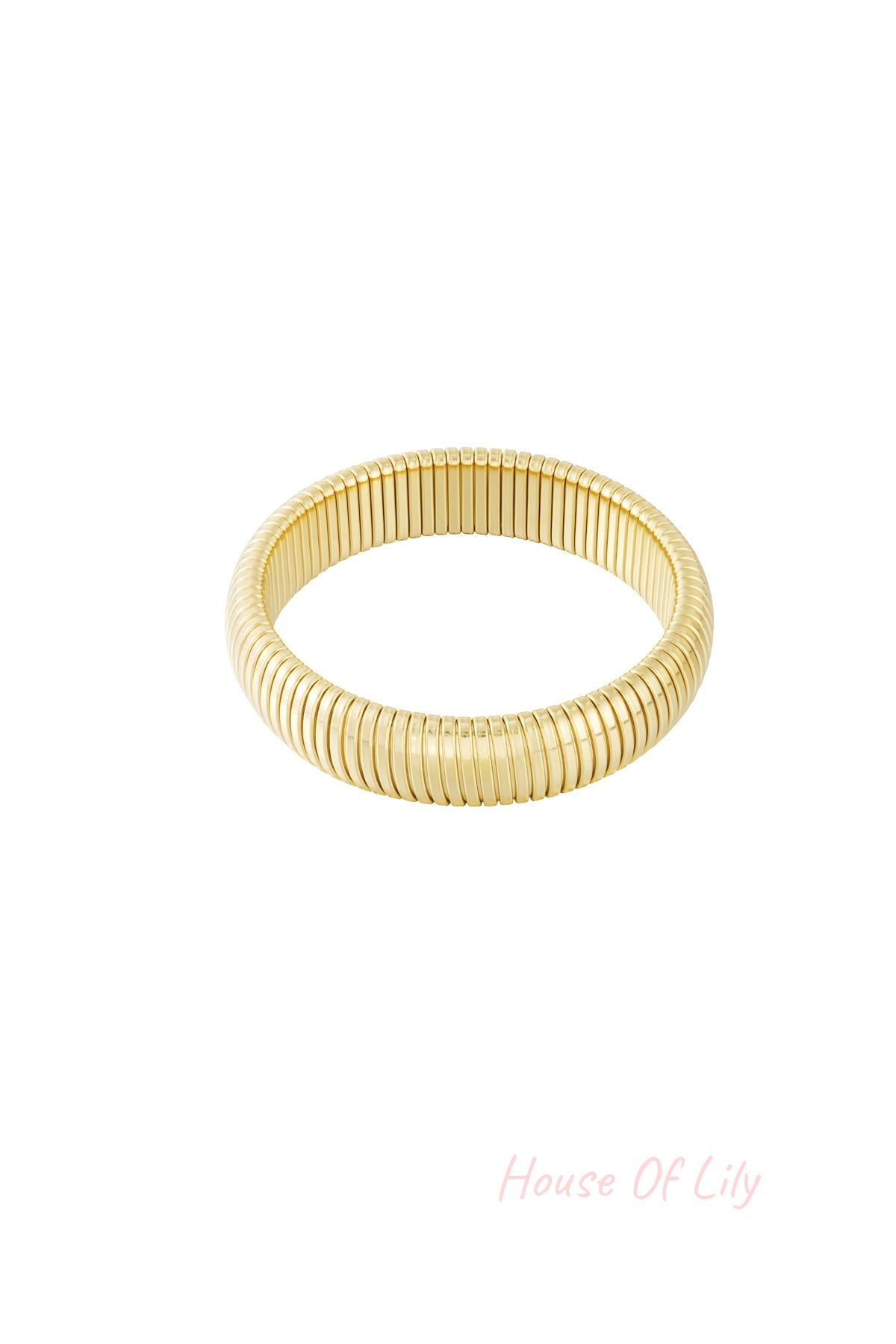 Side view of the silver stretch bracelet displaying tubular segments and shine