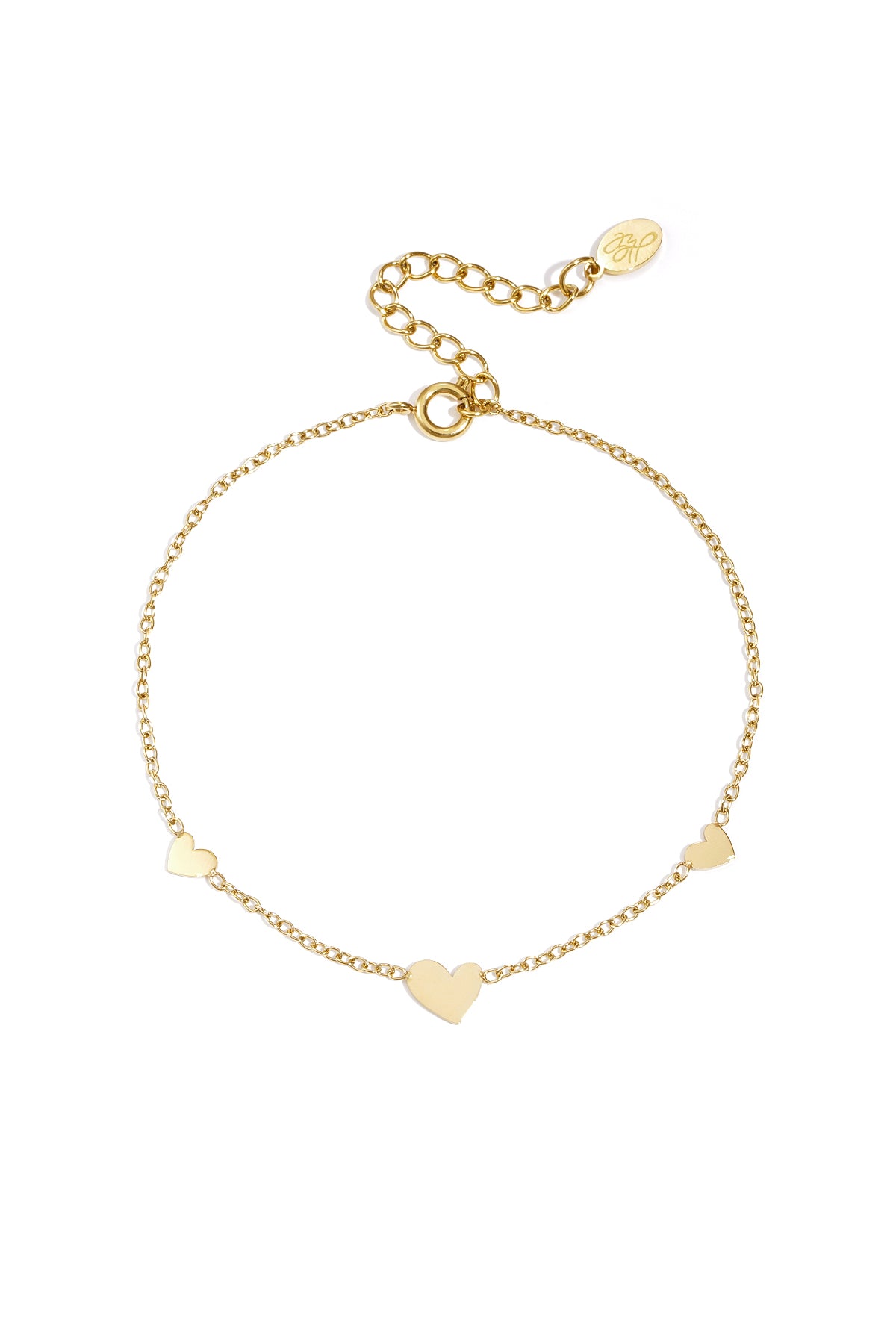 Gold chain bracelet with three small heart-shaped charms evenly spaced along the chain on white background