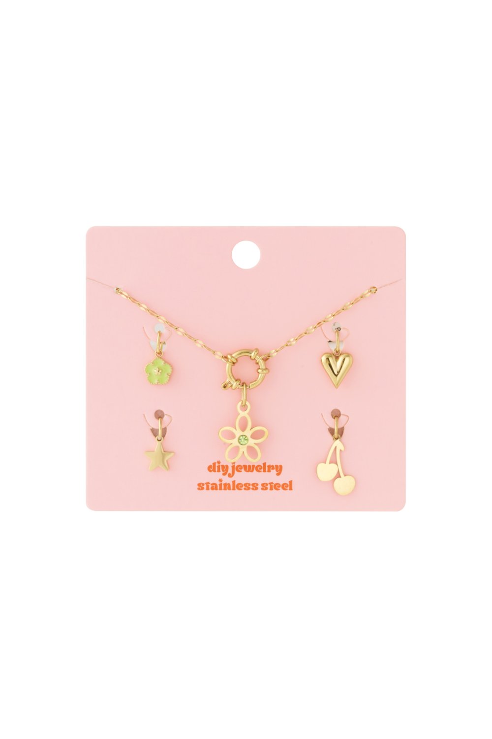 Gold stainless steel necklace with a flower charm and four mix-and-match charms: flower, heart, star, and cherries.