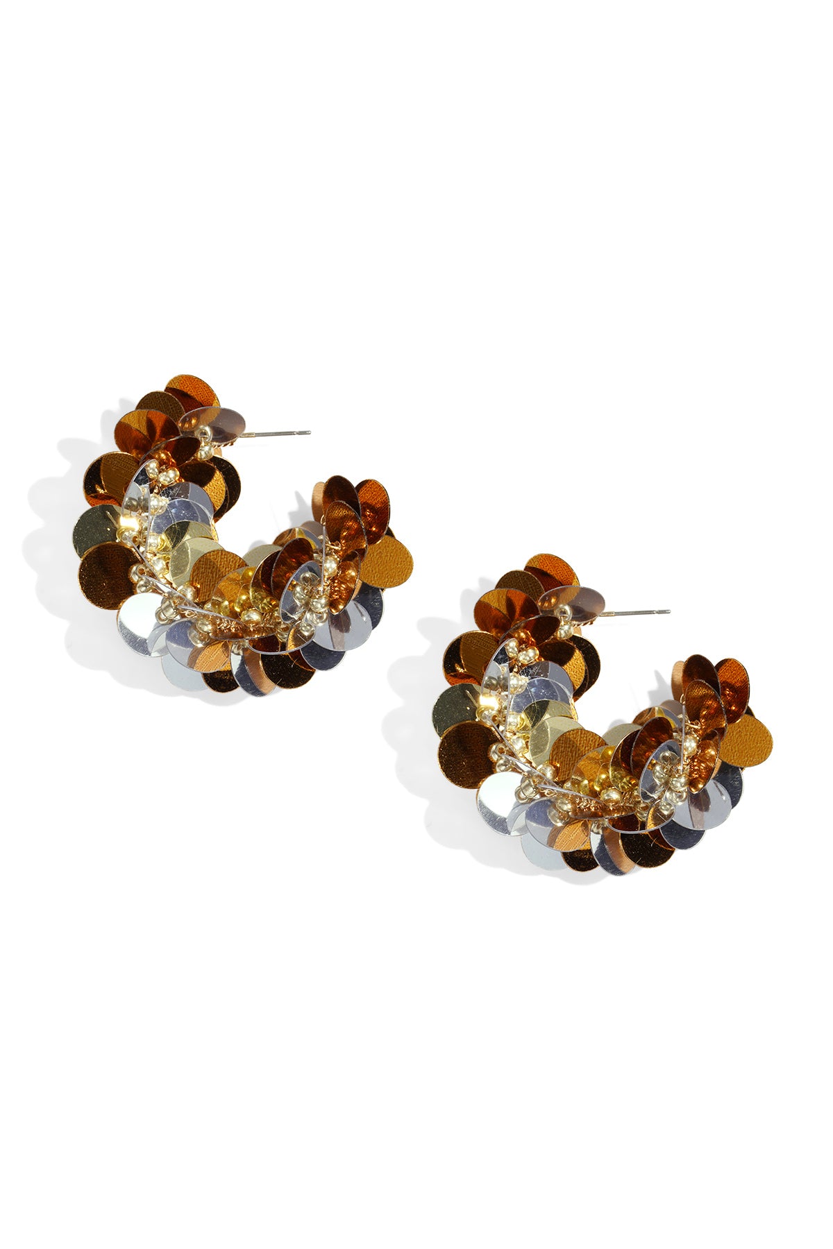 Pair of sequin hoop earrings with black, gold, and silver circular sequins on white background