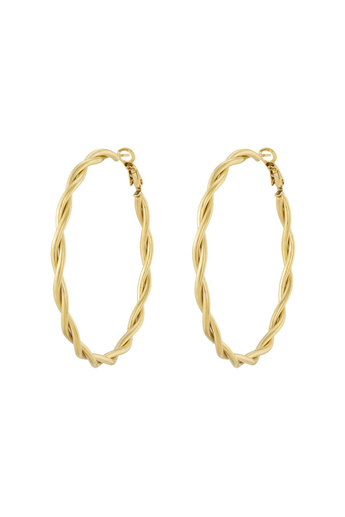 Pair of gold twisted oval hoop earrings with latch back closures on white background
