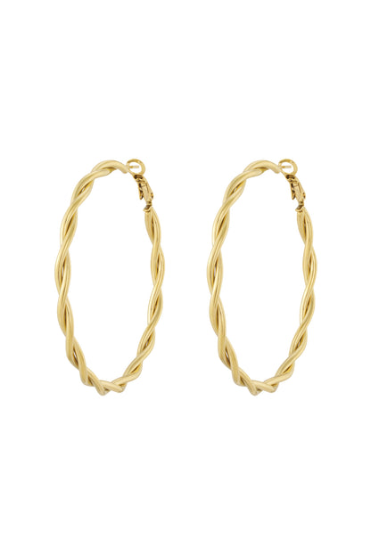 Pair of gold twisted oval hoop earrings with latch back closures on white background