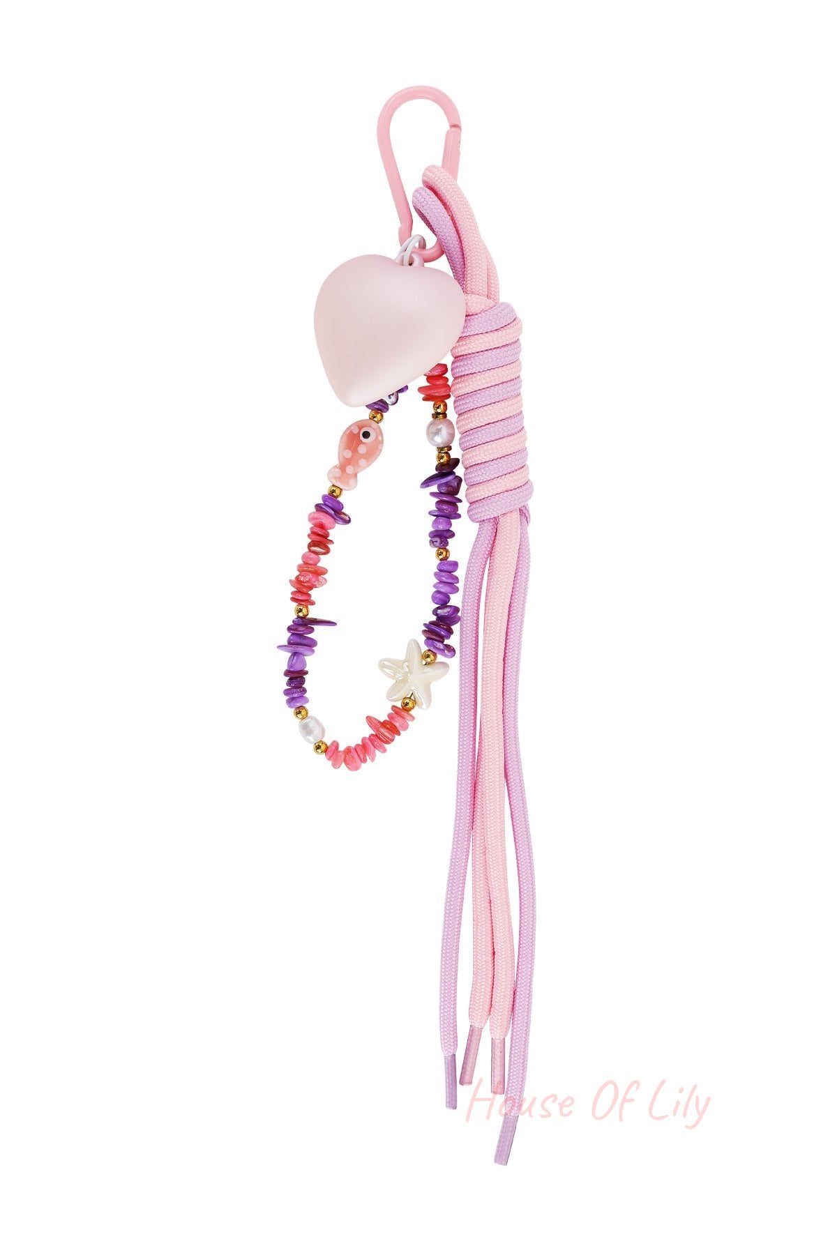 Pink and purple heart bag charm with colorful beads and tassel on white background