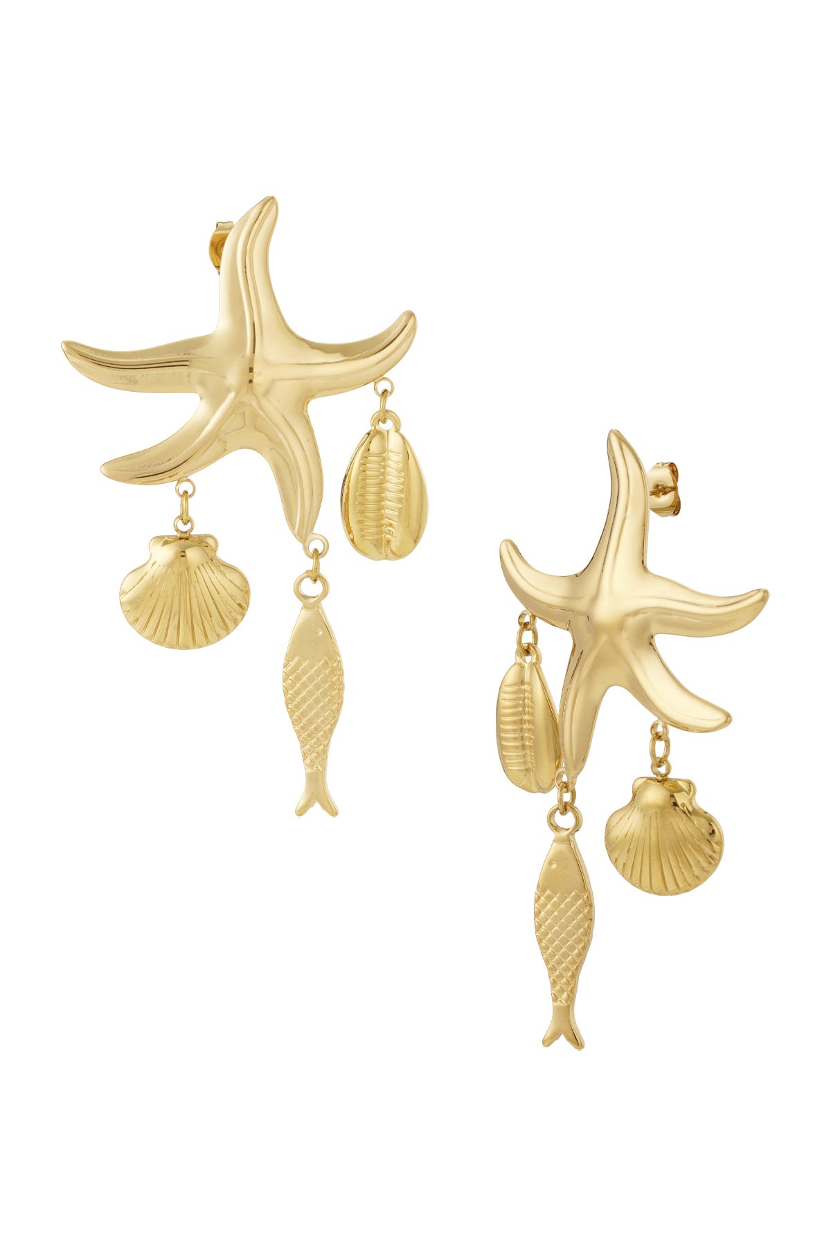 Pair of gold starfish dangle earrings with small hanging charms shaped like a fish, scallop shell, and cowrie shell on a white background