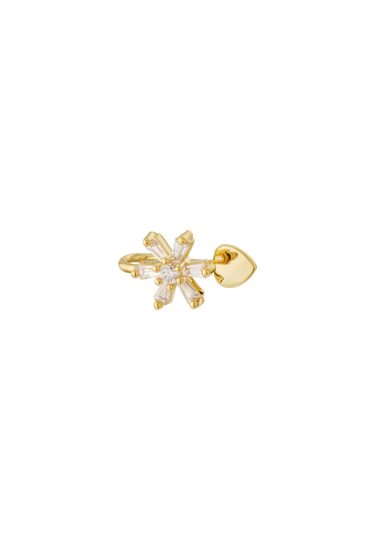 Gold floral sparkle ear cuff with baguette and round crystals and small heart accent on white background