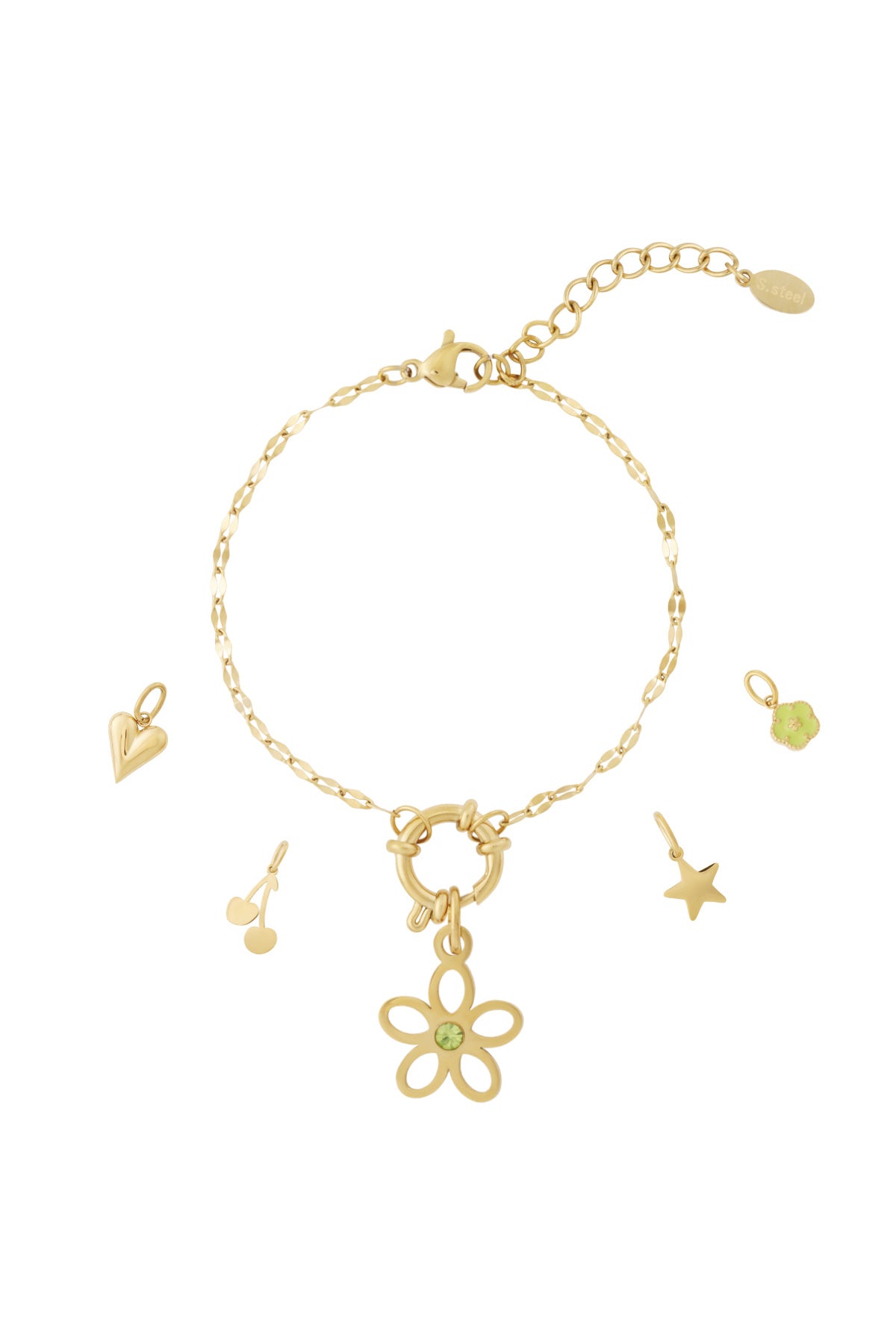 Gold chain bracelet with removable flower charm featuring a green gemstone, heart, cherry, star, and small flower charms displayed separately