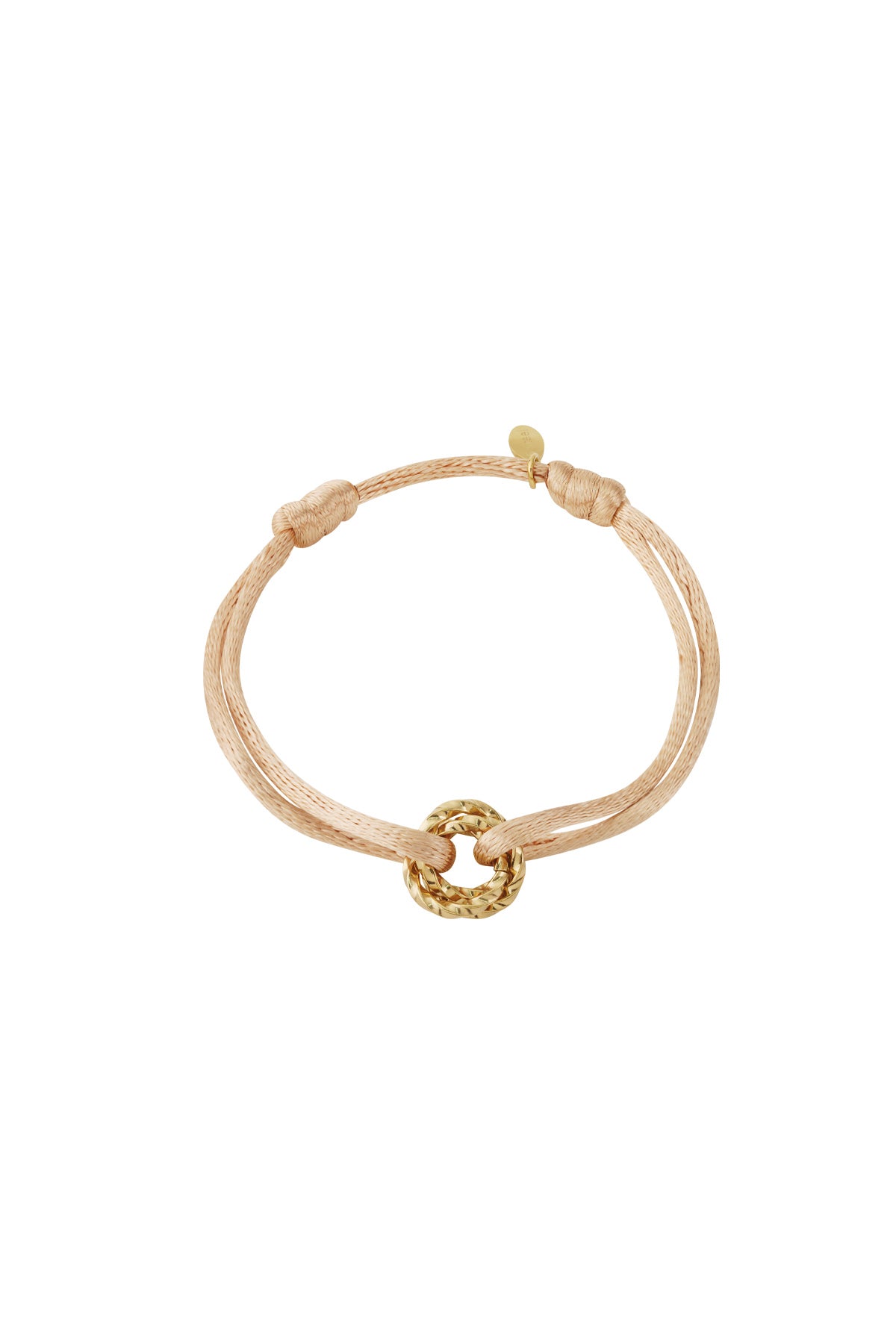 Black knot charm bracelet with gold-plated twisted knot pendant on white background