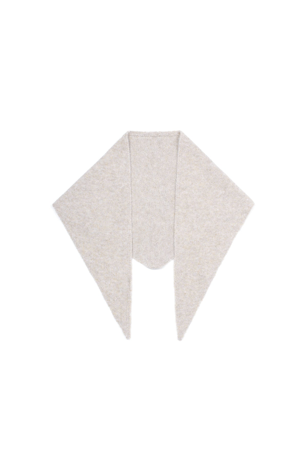 Cream color knit triangular scarf displayed on white background