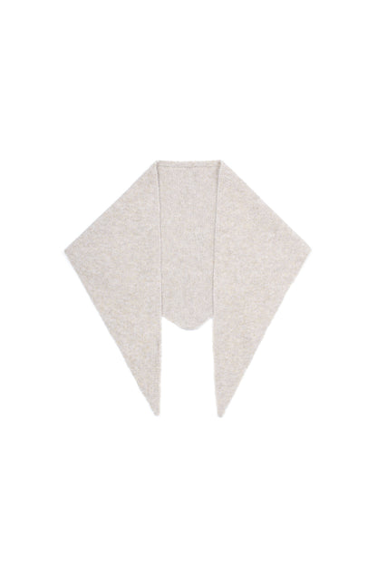 Cream color knit triangular scarf displayed on white background