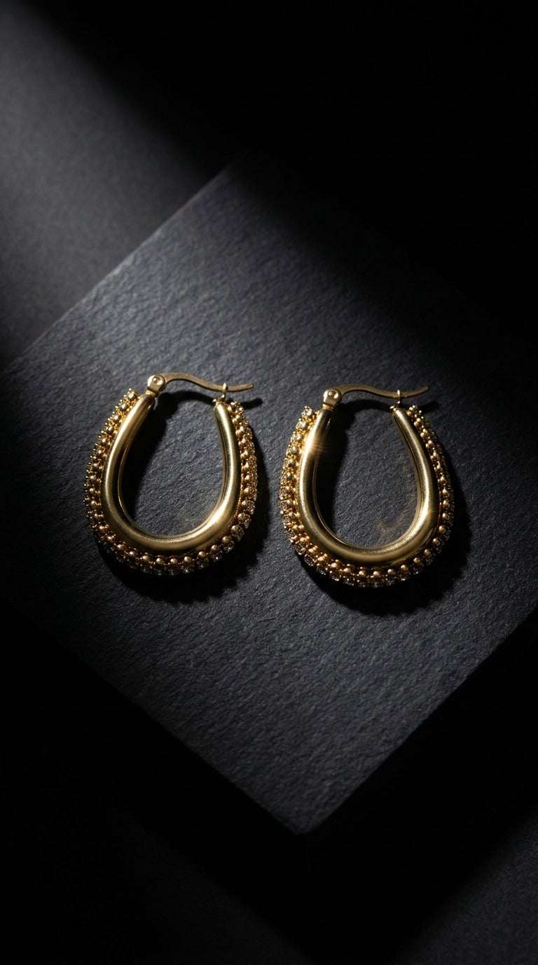 Drip Drop Glow gold U-shaped hoop earrings featuring a textured, beaded outer edge on a black textured background.