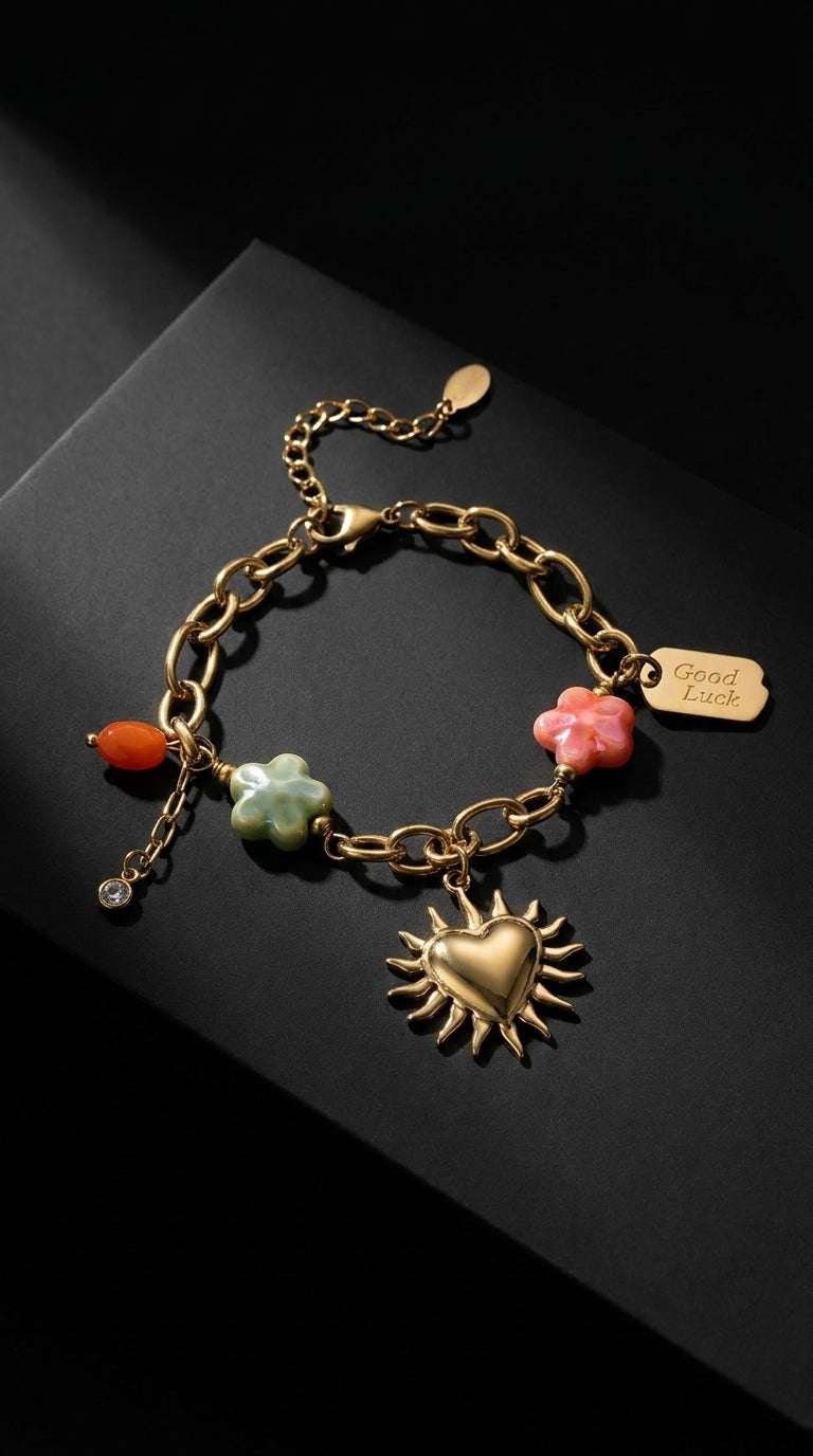 Gold charm bracelet featuring a sun-heart pendant, colorful flower charms, and a "Good Luck" tag on a dark background.