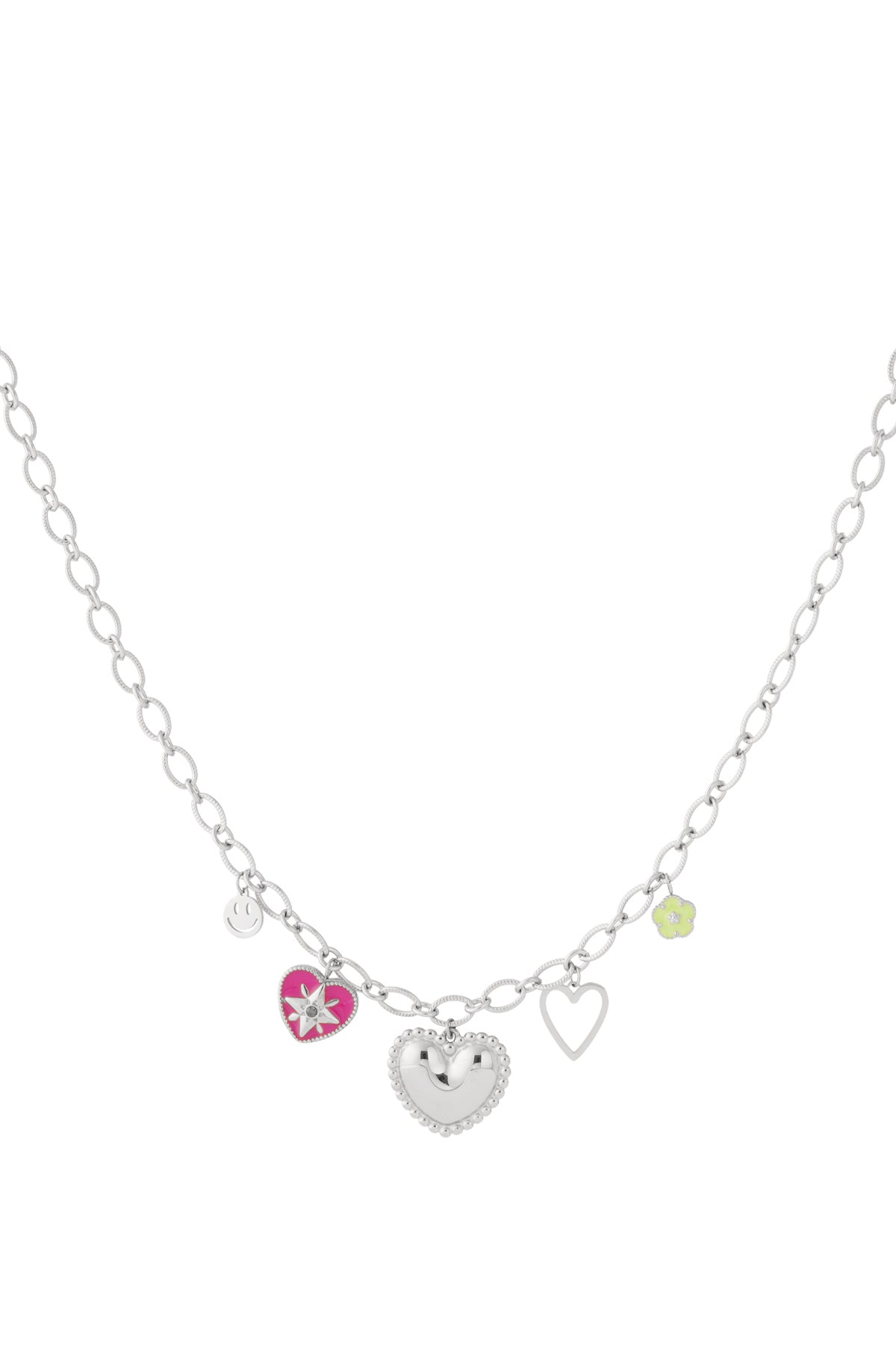 Silver-tone heart charm necklace with pink enamel heart, green flower, smiley face, and open heart charms on oval link chain