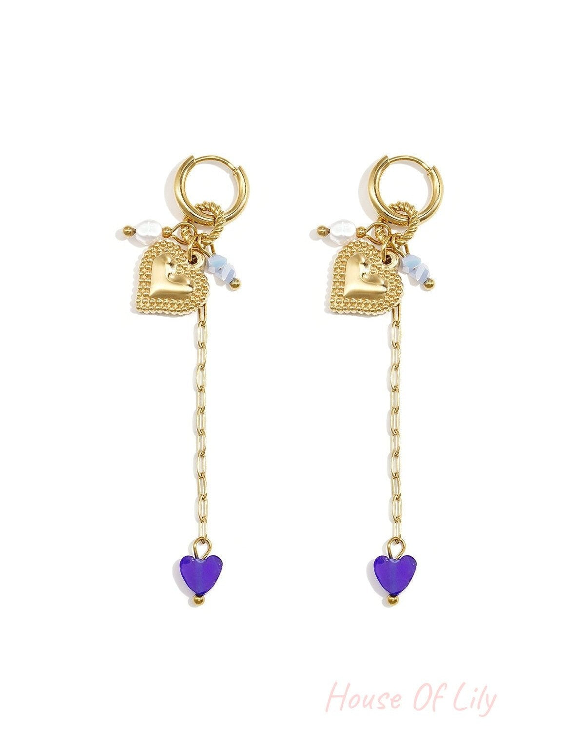 Small hoop earrings with long chain, heart and beads